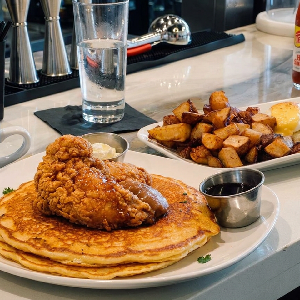 Brunch spread featuring fried chicken and pancakes, eggs Benedict with roasted potatoes, coffee, water, and hot sauce on a restaurant counter.