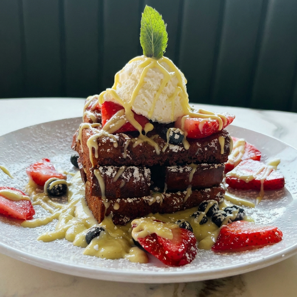 Stacked French toast topped with vanilla ice cream, strawberries, blueberries, powdered sugar, and caramel drizzle on a white plate.