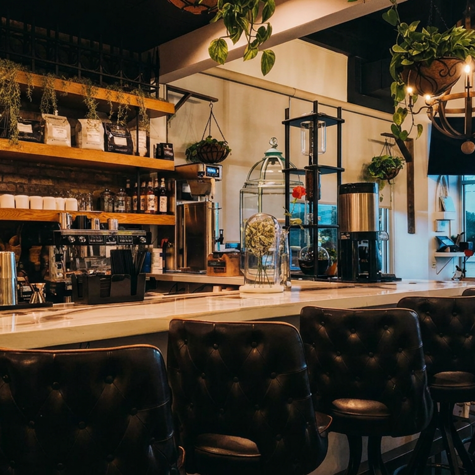 Warmly lit café bar with espresso machine, shelves of coffee supplies, hanging plants, and black leather stools along the counter.