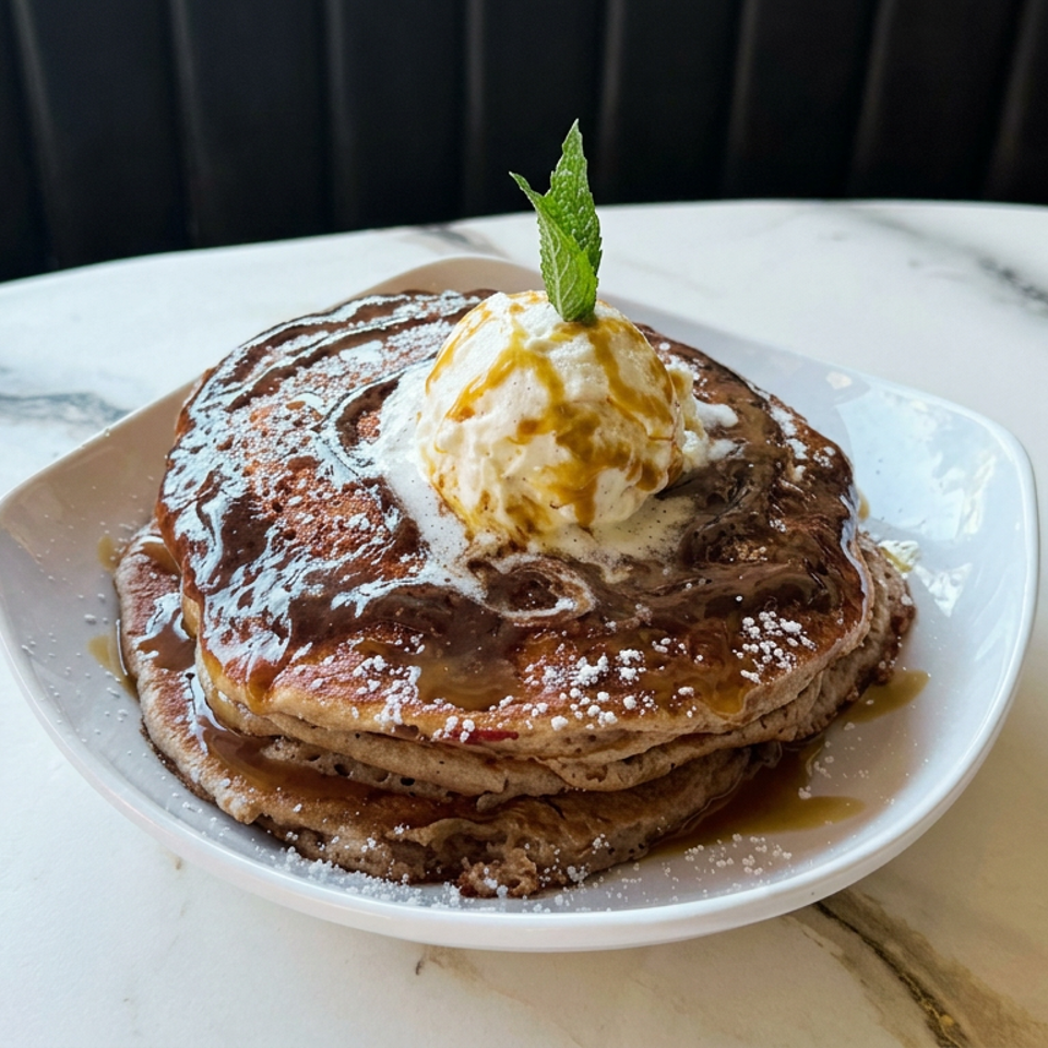 Stack of pancakes topped with ice cream, chocolate sauce, powdered sugar, and mint on a white plate.