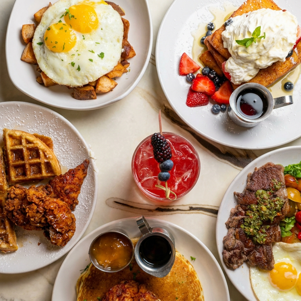 Overhead spread of brunch dishes including eggs, waffles with fried chicken, French toast, steak, salad, and a berry cocktail.