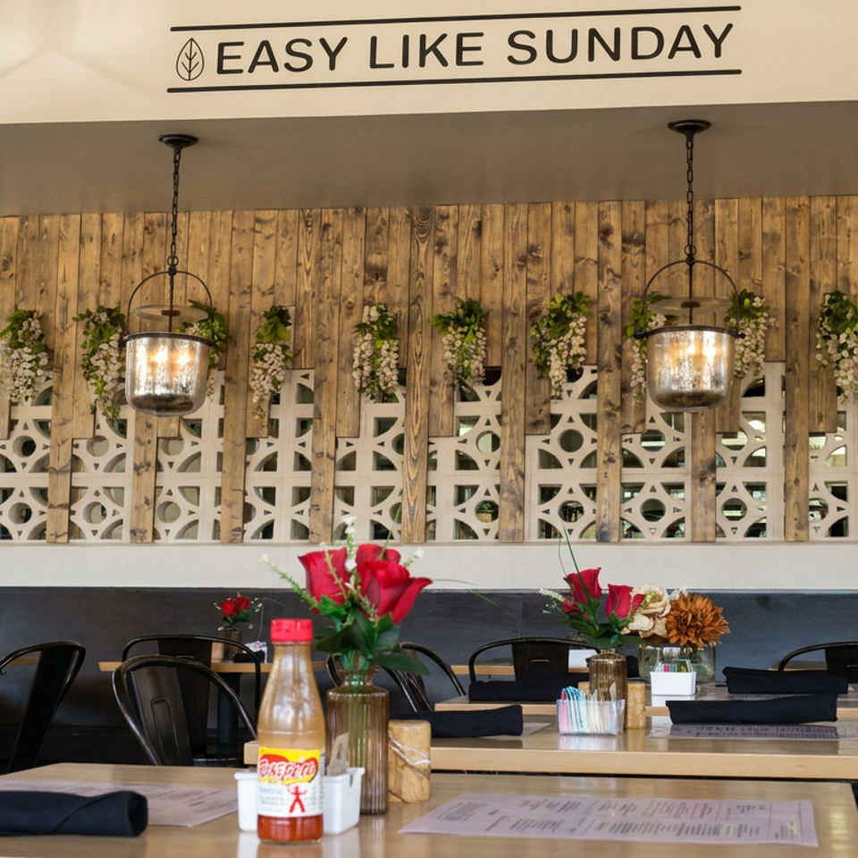 Cozy restaurant dining area with black chairs, set tables, red roses, hanging lights, and rustic wood-and-floral decor.