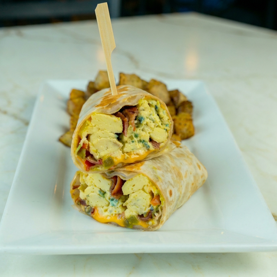Breakfast burrito halves filled with eggs, bacon, cheese, and vegetables, served with roasted potatoes on a white plate.
