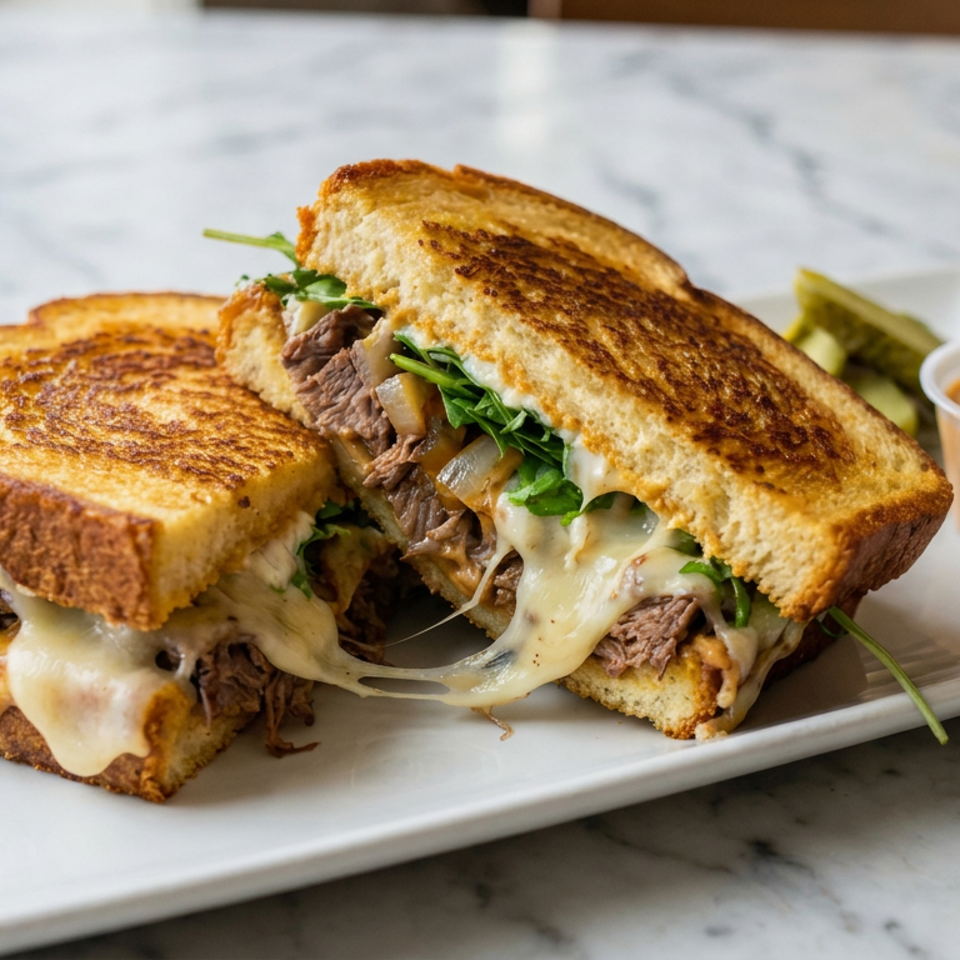 Two toasted roast beef and melted cheese sandwiches with greens, onions, dipping sauce, and pickles on a white plate.