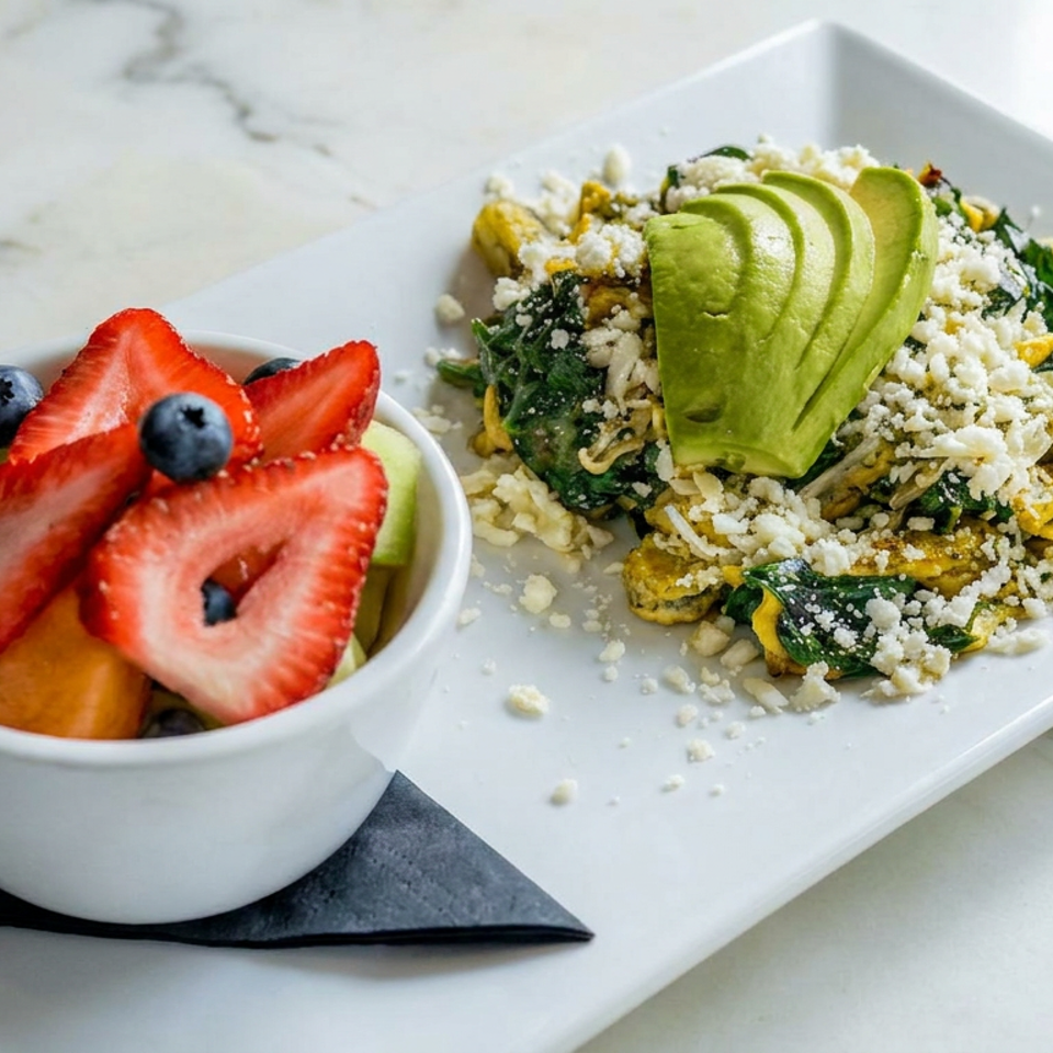 Breakfast plate with avocado-topped scrambled eggs, greens, crumbled cheese, and a bowl of strawberries, blueberries, and melon.