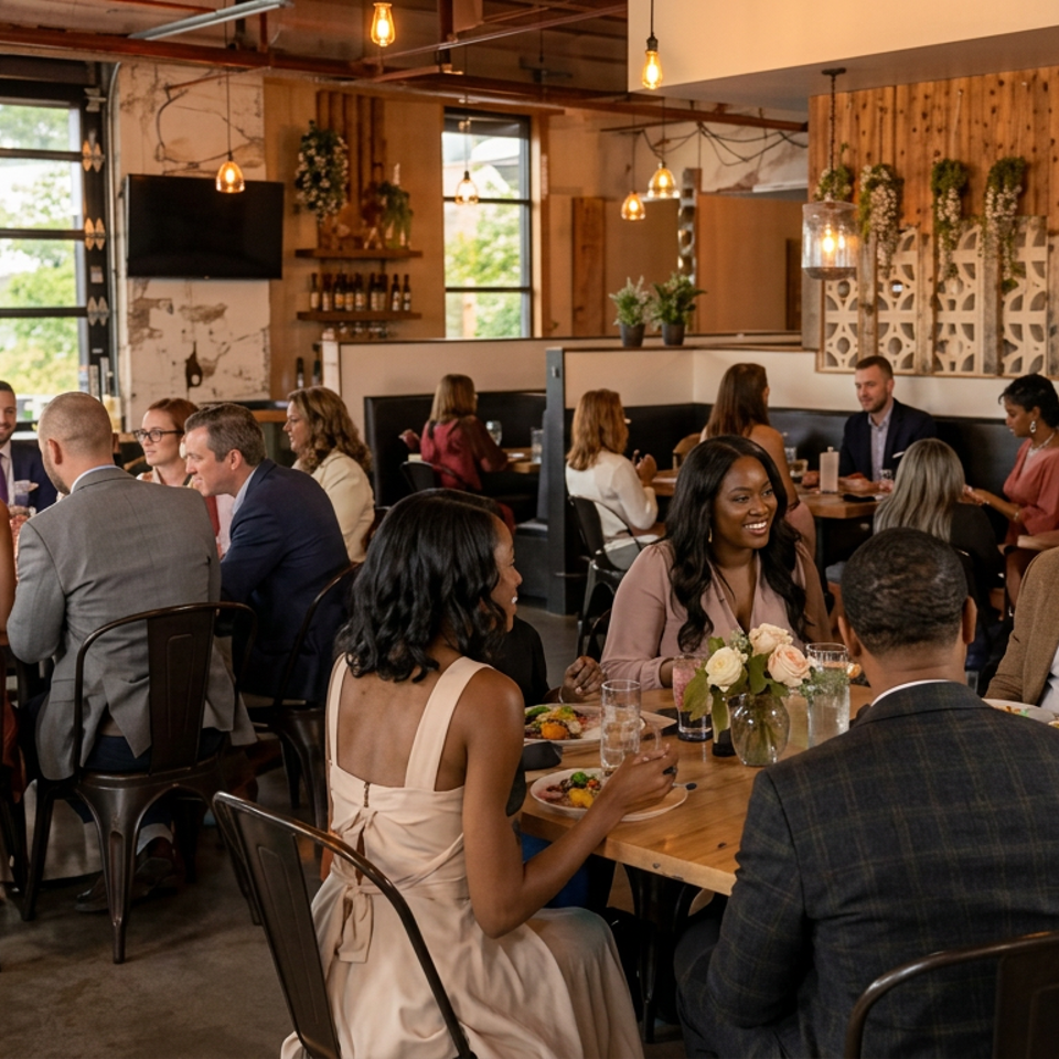 Busy modern restaurant dining room with diverse groups enjoying meals beneath pendant lights and floral wall decorations.