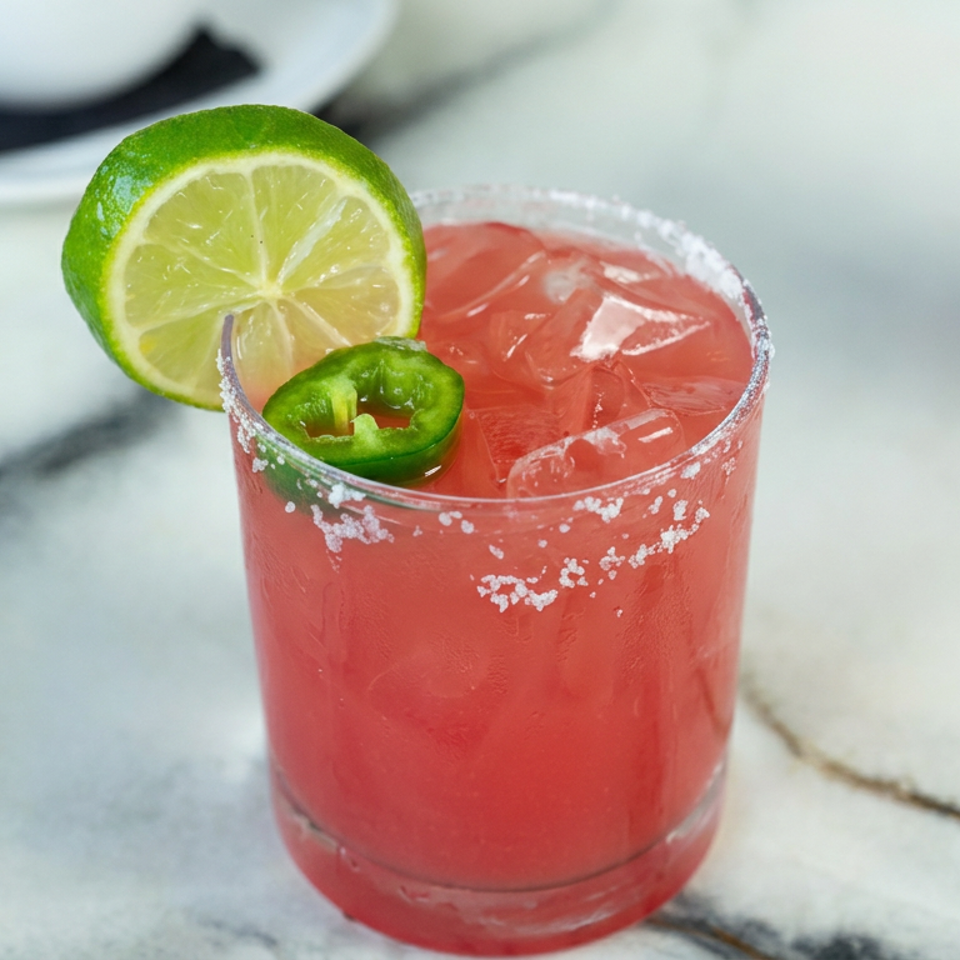 Pink cocktail with ice, a salted rim, lime slice, and jalapeño garnish on a marble tabletop.