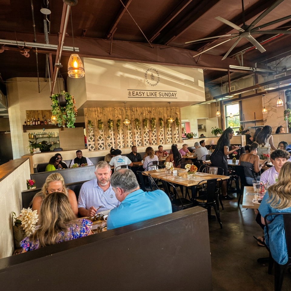 Busy restaurant dining room with exposed ductwork, hanging plants, wooden tables, and groups of diners beneath an Easy Like Sunday sign.