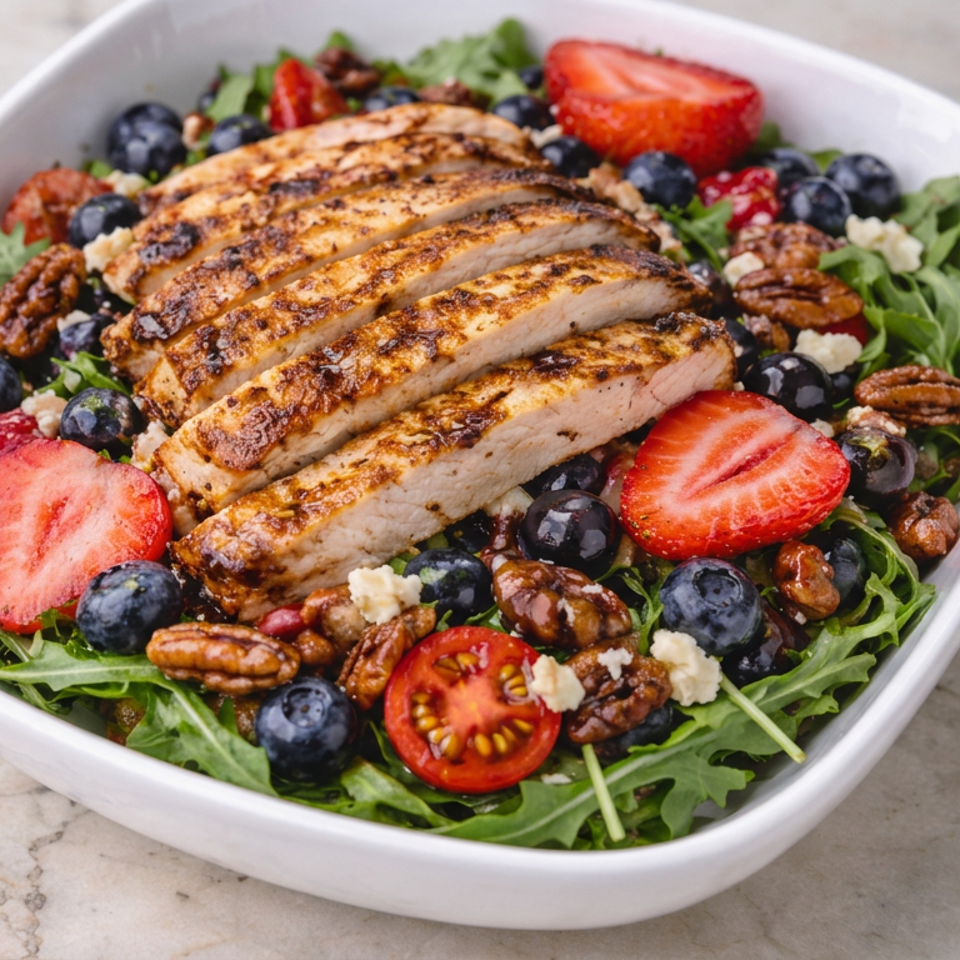 Grilled sliced chicken salad with arugula, strawberries, blueberries, tomatoes, pecans, and crumbled cheese in a white bowl.