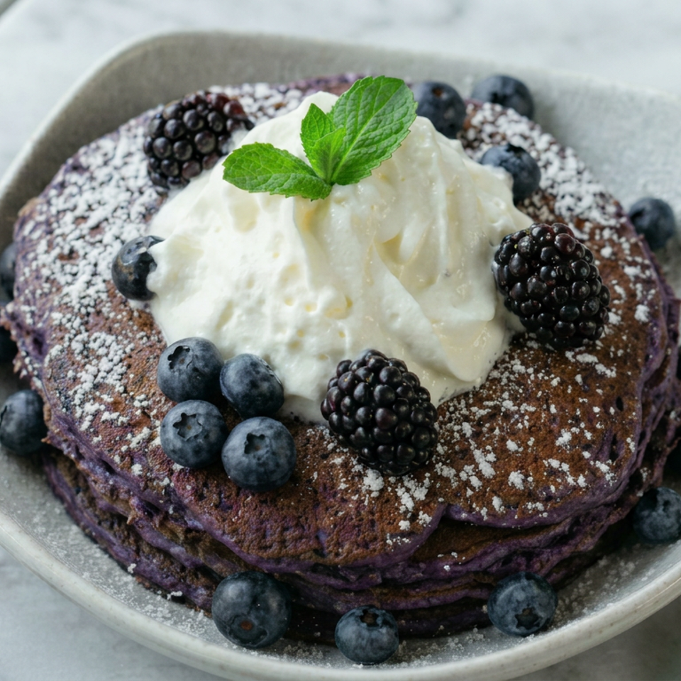 Stack of purple pancakes topped with whipped cream, blueberries, blackberries, powdered sugar, and fresh mint.