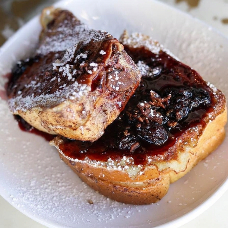 French toast topped with dark berry compote, powdered sugar, and a dusted pastry on a white plate.
