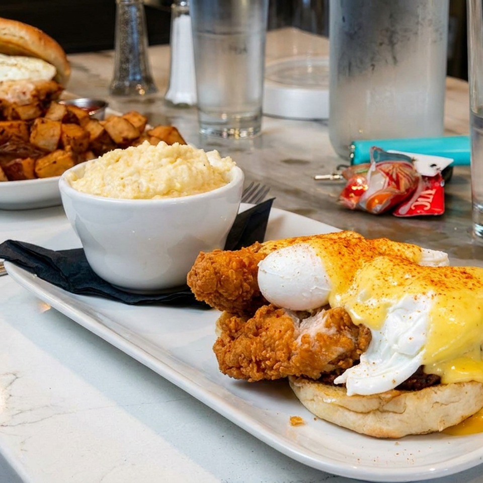 Brunch spread featuring chicken and eggs Benedict sandwiches, cheesy grits, roasted potatoes, water glasses, and condiments on a restaurant table.