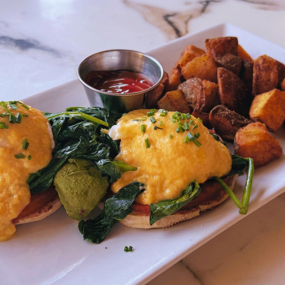 Eggs Benedict with spinach, hollandaise sauce, chives, roasted potatoes, and dipping sauce on a white rectangular plate.