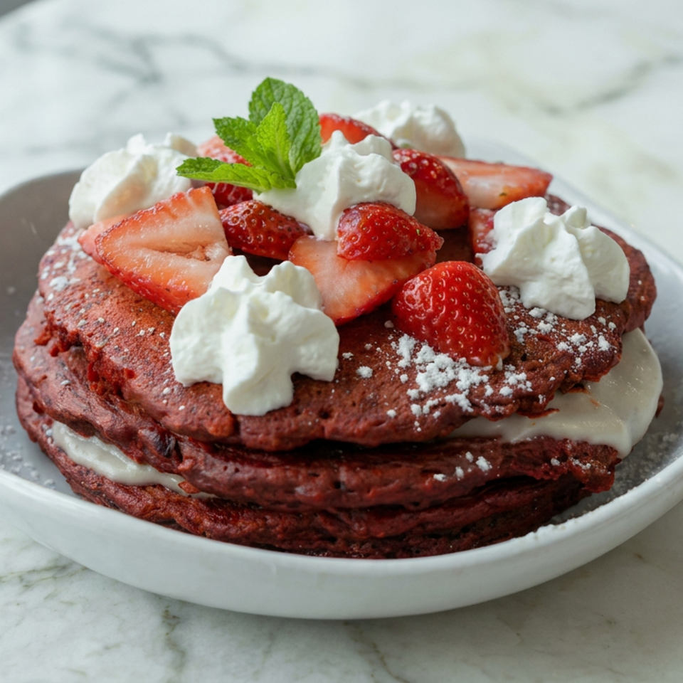 Stack of red velvet pancakes layered with cream, topped with strawberries, whipped cream, mint, and powdered sugar on a white plate.