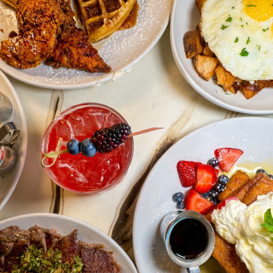 Overhead spread of restaurant brunch dishes including fried chicken and waffles, eggs with potatoes, pancakes, French toast, and berry cocktail.