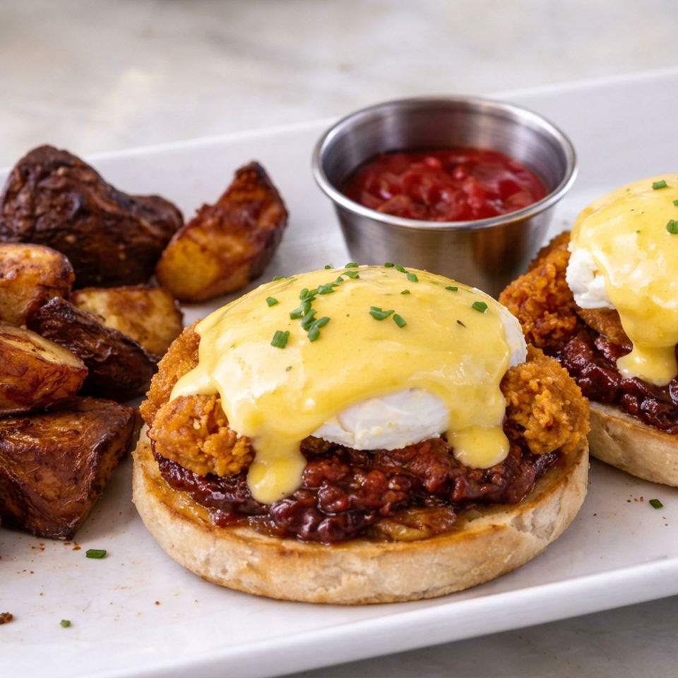Two crispy chicken Benedicts with poached eggs and hollandaise sit beside roasted potatoes and salsa on a white plate.