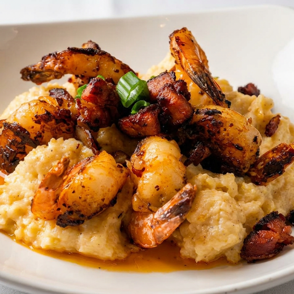 Grilled shrimp and crispy bacon served over creamy grits, garnished with green onions on a white plate.