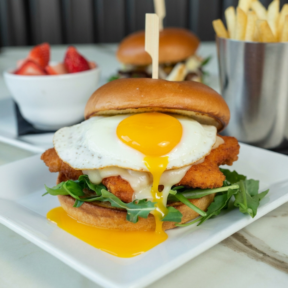 Crispy chicken sandwich topped with a fried egg and greens, served with fries and strawberries on a marble table.