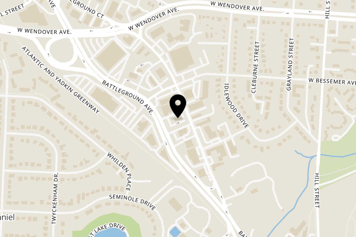 Map showing the location of Easy Like Sunday on 1216 Battleground Ave in Greensboro